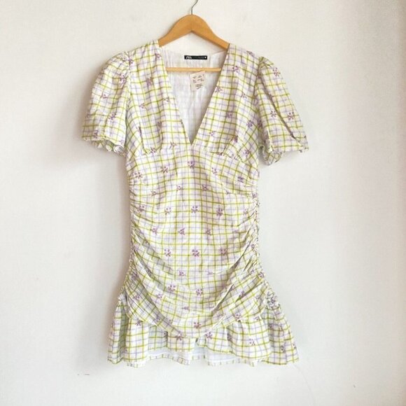 NWT Zara Gingham Floral Embroidered Gathered Puff Sleeve Mini Dress L - Picture 2 of 5